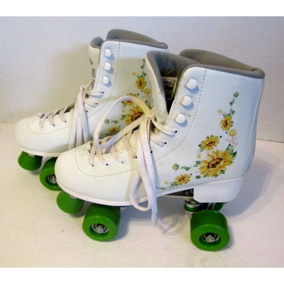 Gonex Roller Skates White Green Sunflowers 4 Wheels Double Row Leather Size 9 - Picture 4 of 9